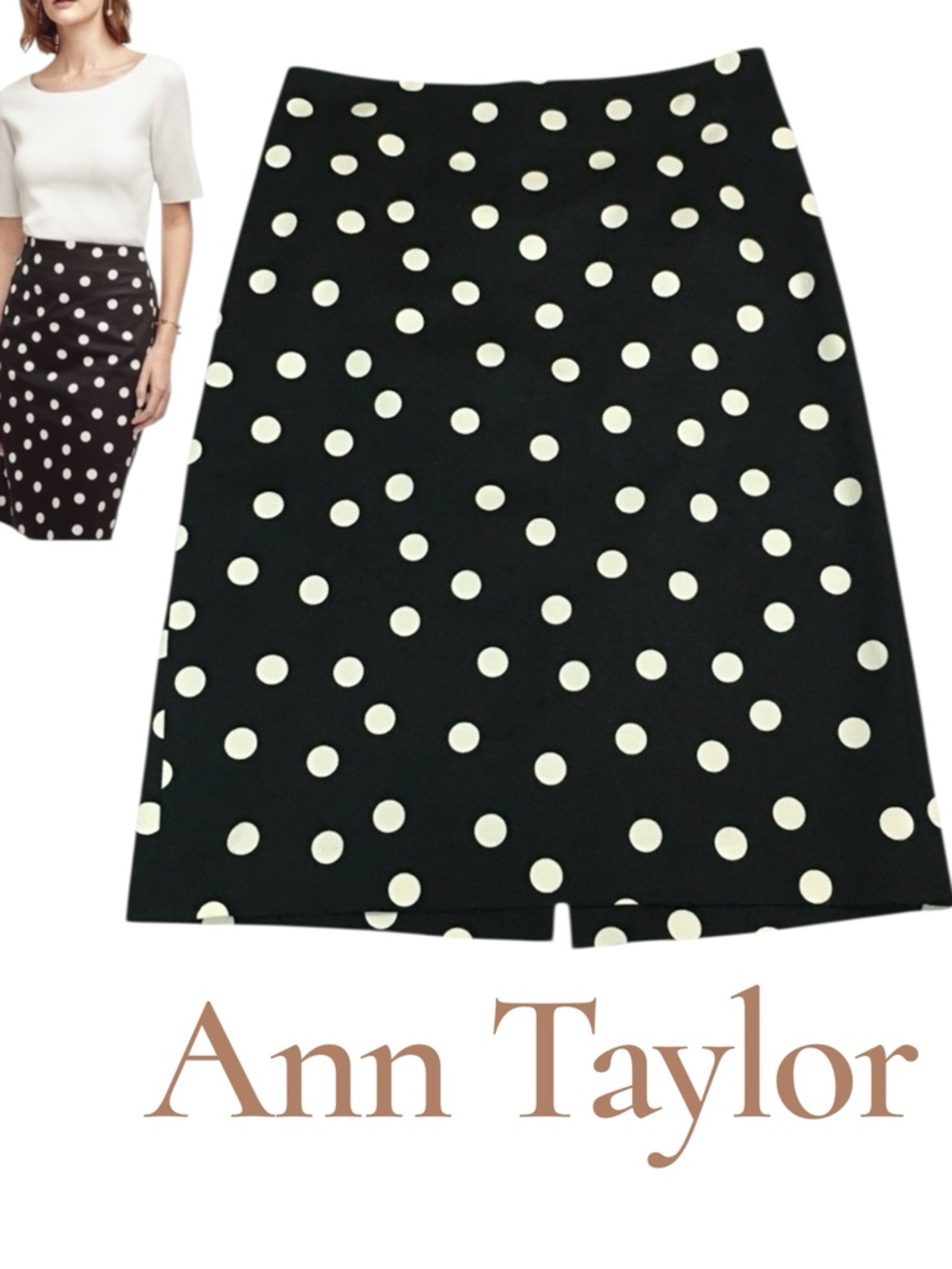 ANN TAYLOR Polka Dot Pencil Work Casual Black White Lined‎ - Women’s 6